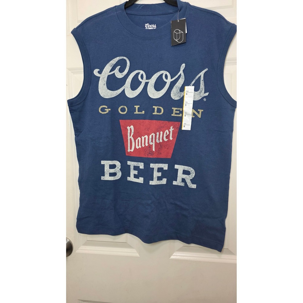 Coors Banquet Beer Muscle Tee Mens Small Blue Sleeveless Graphic T-Shirt NWT